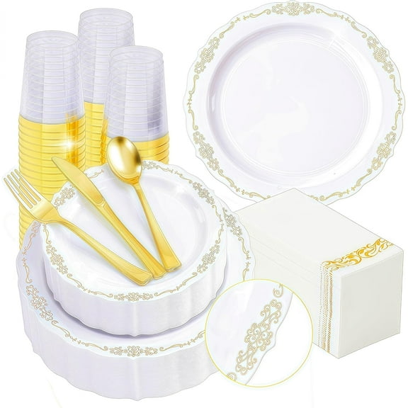 350 PCS White and Gold Disposable Plates, Elegant Dinnerware Set for 50 Guests, 100 Plastic 150 Silverware, Cups & Paper Napkins, Pattern Guests-350pcs