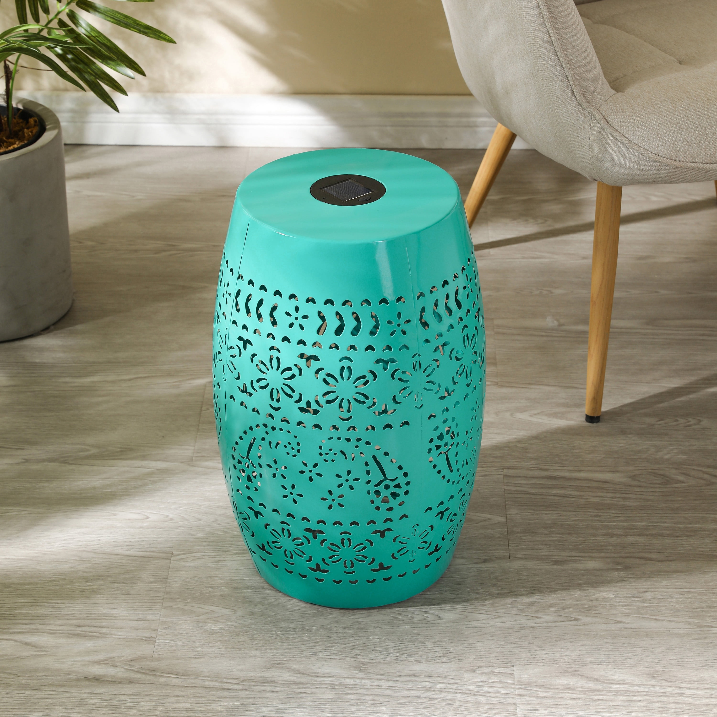 Solar Side Table, Outdoor Side Table with Built-In Solar Battery for Patio Garden Backyard, Teal