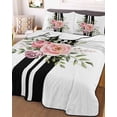 thumbnail image 3 of Quilts King Size, Pink Flowers Soft Comforter Bedding Set for Bed, Romantic Floral Leaves Black Striped Lightweight Quilted Bedspread with Pillow Cover(2 Pieces) for All Season, 96x106 Inch, 3 of 6
