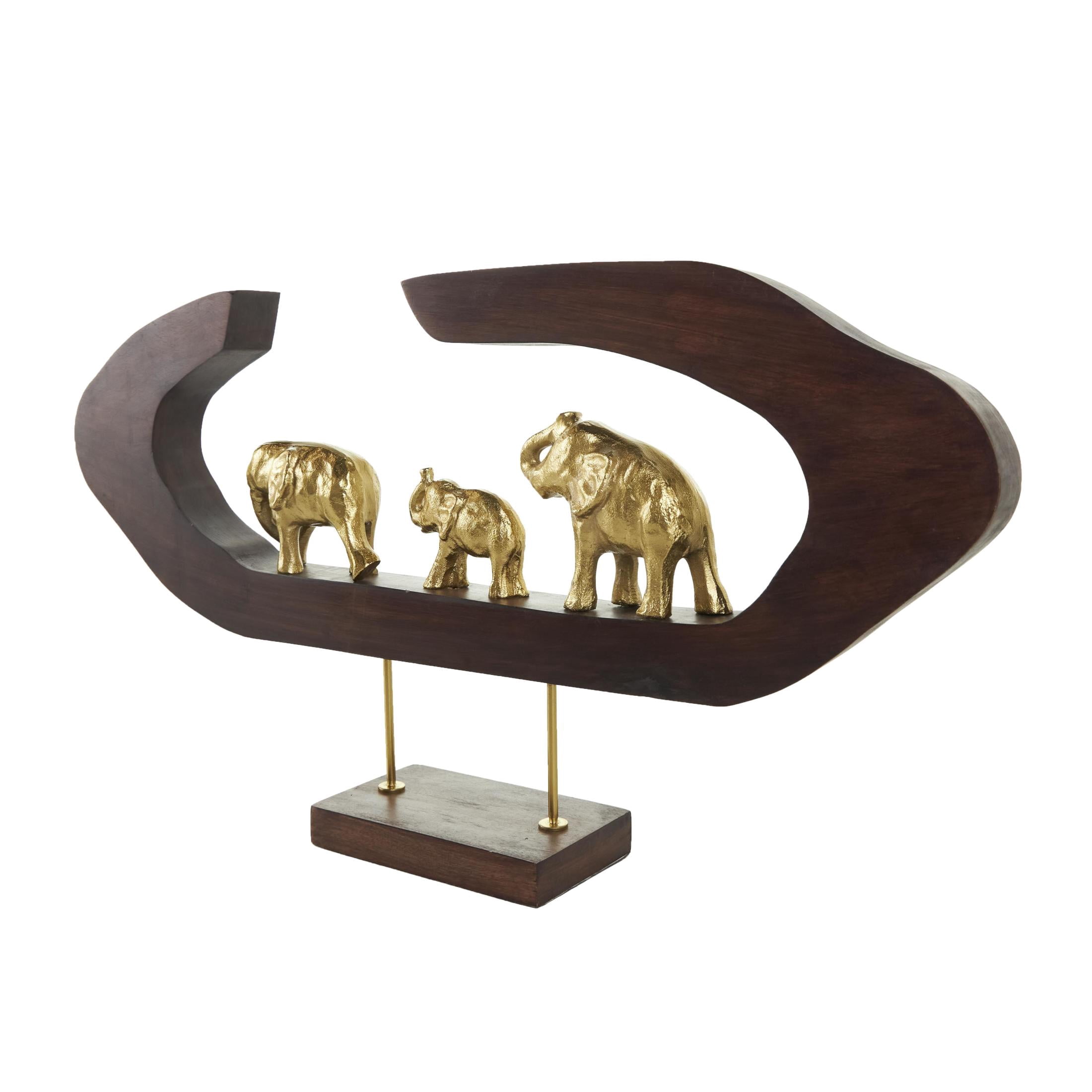 27" x 14" Gold Aluminum Metal Elephant Sculpture with Brown Wooden Frame, by DecMode