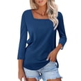 thumbnail image 2 of Blue Womens Tops Women's Fashionable and Casual Solid Color Square Neck Three Quarter Sleeve Top T Shirt Going Out Tops for Women, 2 of 5
