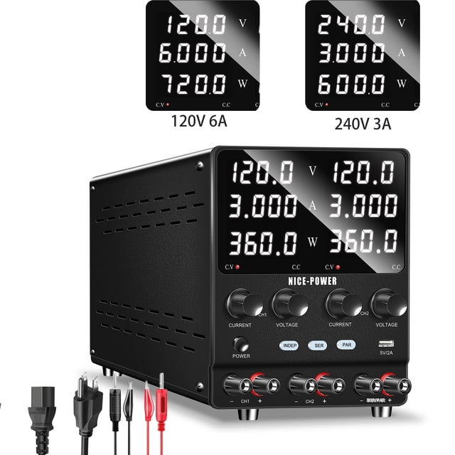 NICE-POWER Alimentation Double CC Variable : Série Régulée à Commutation Réglable 120V 3A (240V 3A) Parallèle (120V 6A) Haute Précision Port USB 5V/2A Alimentation de Banc et de Labo