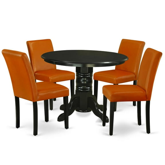 SHAB5-BLK-61 5Pc Rounded 42 Inch Dining Table And Four Parson Chair With Black Leg And Pu Leather Color Baked Bean