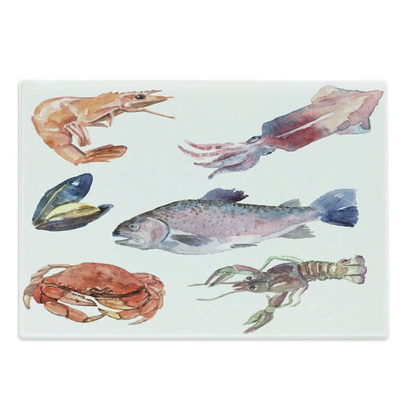 Sea Animals Cutting Board, Food Illustration Shrimp Mussel Fish Crab Watercolor Painting Effect, Decorative Tempered Glass Cutting and Serving Board, Large Size, Mustard Navy, by Ambesonne