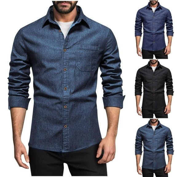 Txeol Men's Denim Button Down Shirts Lapel Collar Long Sleeve Blouses with Pocket,Black,M