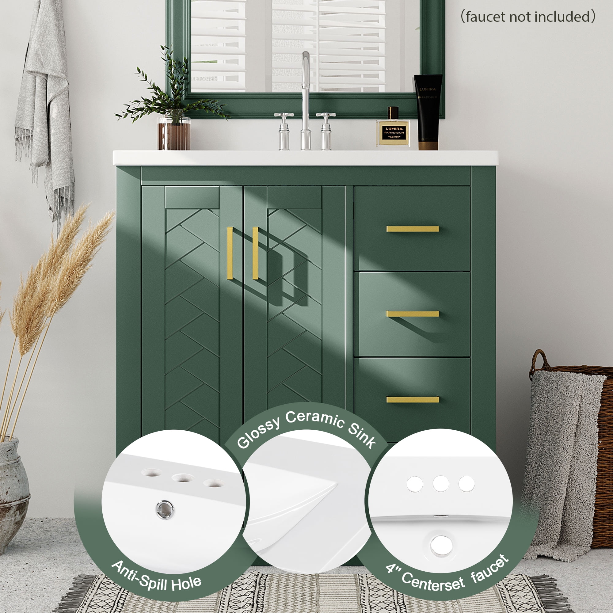 Euroco 30'' Bathroom Vanity with Ceramic Sink Combo, Solid Wood Frame Bathroom Storage Cabinet, Freestanding Vanity Set with 3 Drawers& Soft Closing Doors