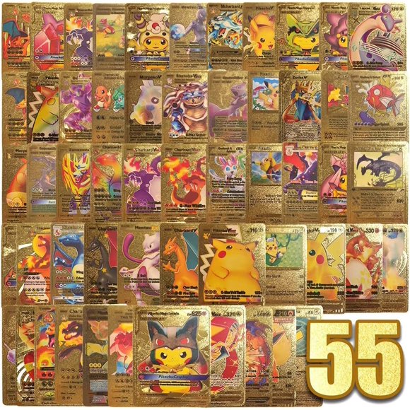 55 PCS- Gold Foil Poke Card Assorted Cards TCG Deck Box,can be Used as a Card Group for Games or Collections