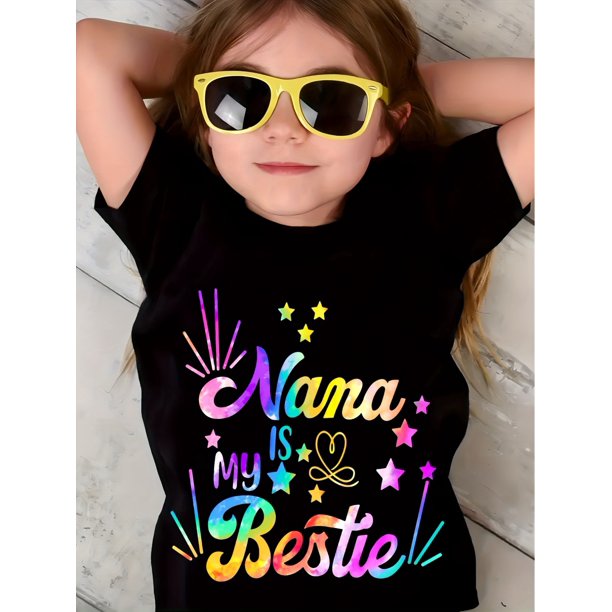 Camiseta informal de verano de manga corta para niña, con estampado del alfabeto "Nana Is My Bestie", lavable a máquina.