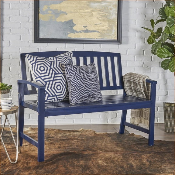 Indoor Outdoor Benches | Farmhouse 48 Inch Entry Patio Bench | Acacia Wood | Navy Blue