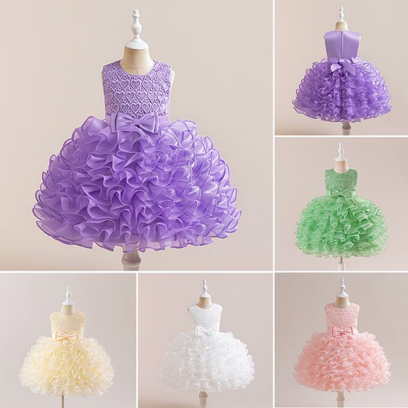 Trendfront Toddler Girls Ball Gown Cupcake Dress Mid-Length Sleeveless Crew Neck Heart Lace Motif Bow Decor Multi Layered Ruffle Tutu Skirt
