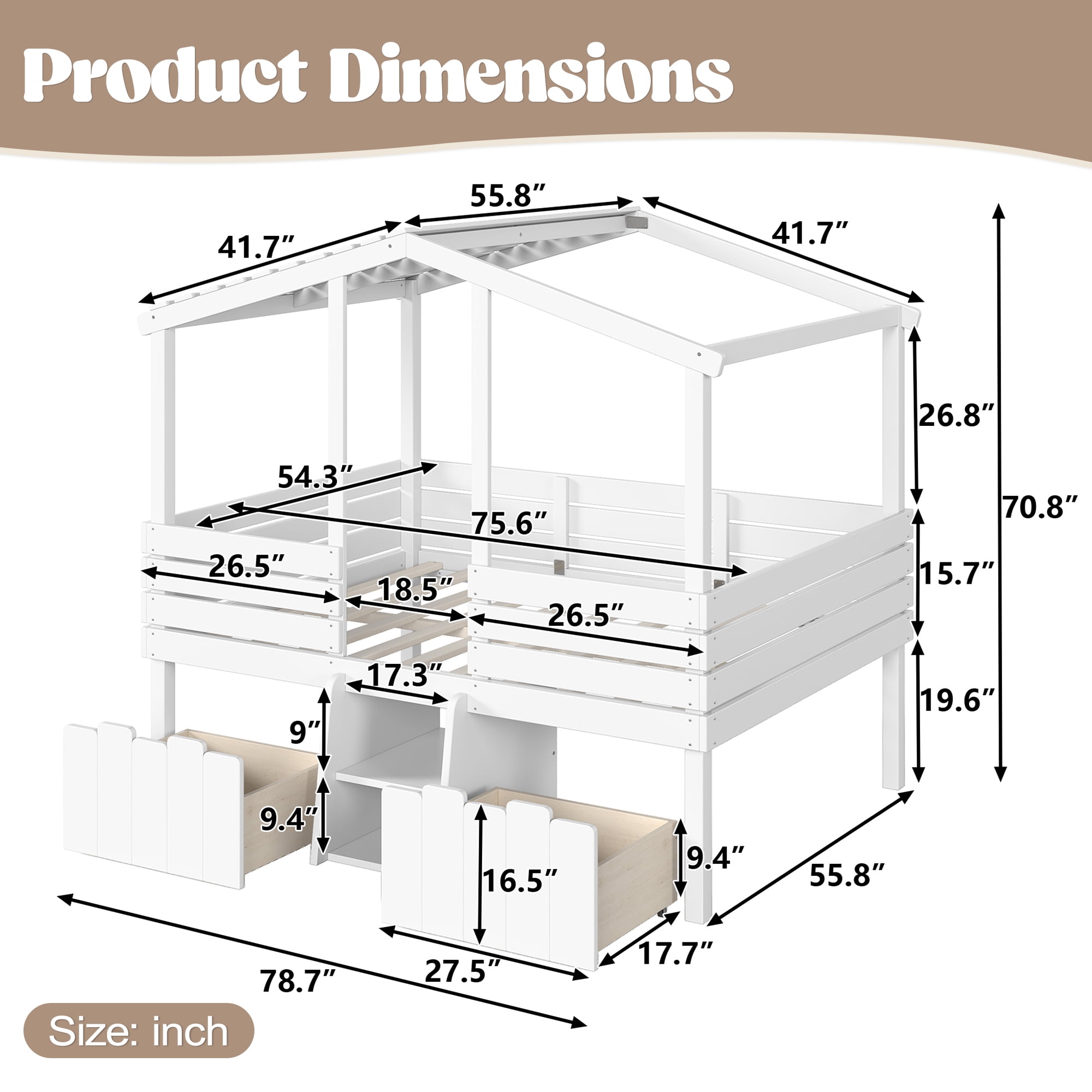 Leumius Full House Loft Bed with Cute Stairs and 2 Storage Drawers, Farmhouse Low Loft Bed with House Shaped Roof, Childlike and No Box Spring Needed Design White