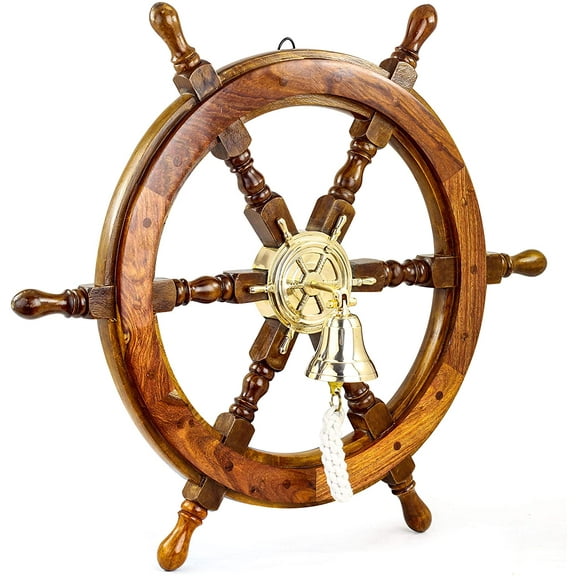 Nagina International Wooden Handcrafted Premium Wood Nautical Ship Wheel with Brass Wheel-Bell | Pirate's Beach Home Decor Gift (24 Inches)