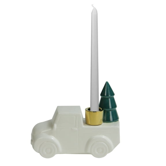 Northlight Ceramic Truck with Christmas Tree Taper Candlestick Holder - 6" - White