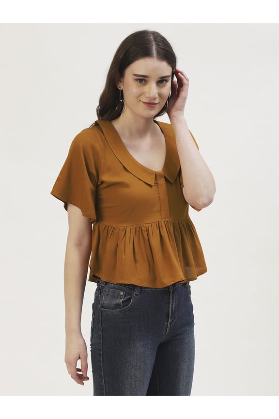 Women's Solid Viscose Rayon Short Flared Sleeves Pleated Crop Top Flared Hem Lightweighted Casual&nbsp;Summer Wear Waist Length Regular Short Blouse