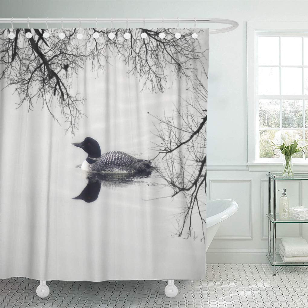 SUTTOM Water Black and White Loon on Lake Cottage Bird Shower Curtain 66x72 inch