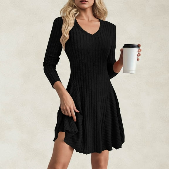 Zedker Long Sleeve Sweater Dress Fall Dresses 2025 V Neck Empire Waist Dresses Women Casual Dress, Plus Size Black L