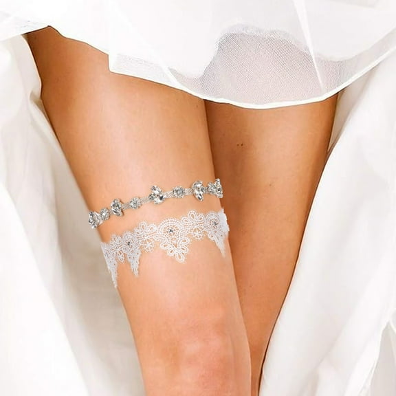 Pretyzoom 2Pcs Crystal Rhinestone Wedding Garters White Elastic Lace for Bride Ceremony