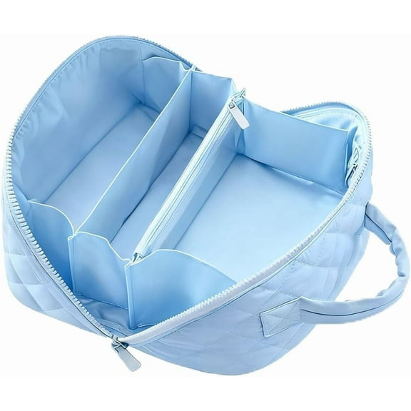 Travel Makeup Bag for Women, 180° Lay-Flat Wide Open Cosmetic Organizer, Large Capacity Waterproof Toiletry Bag with Compartments, Padded Puffy Makeup Case for Brushes, Skincare & Travel Essentials