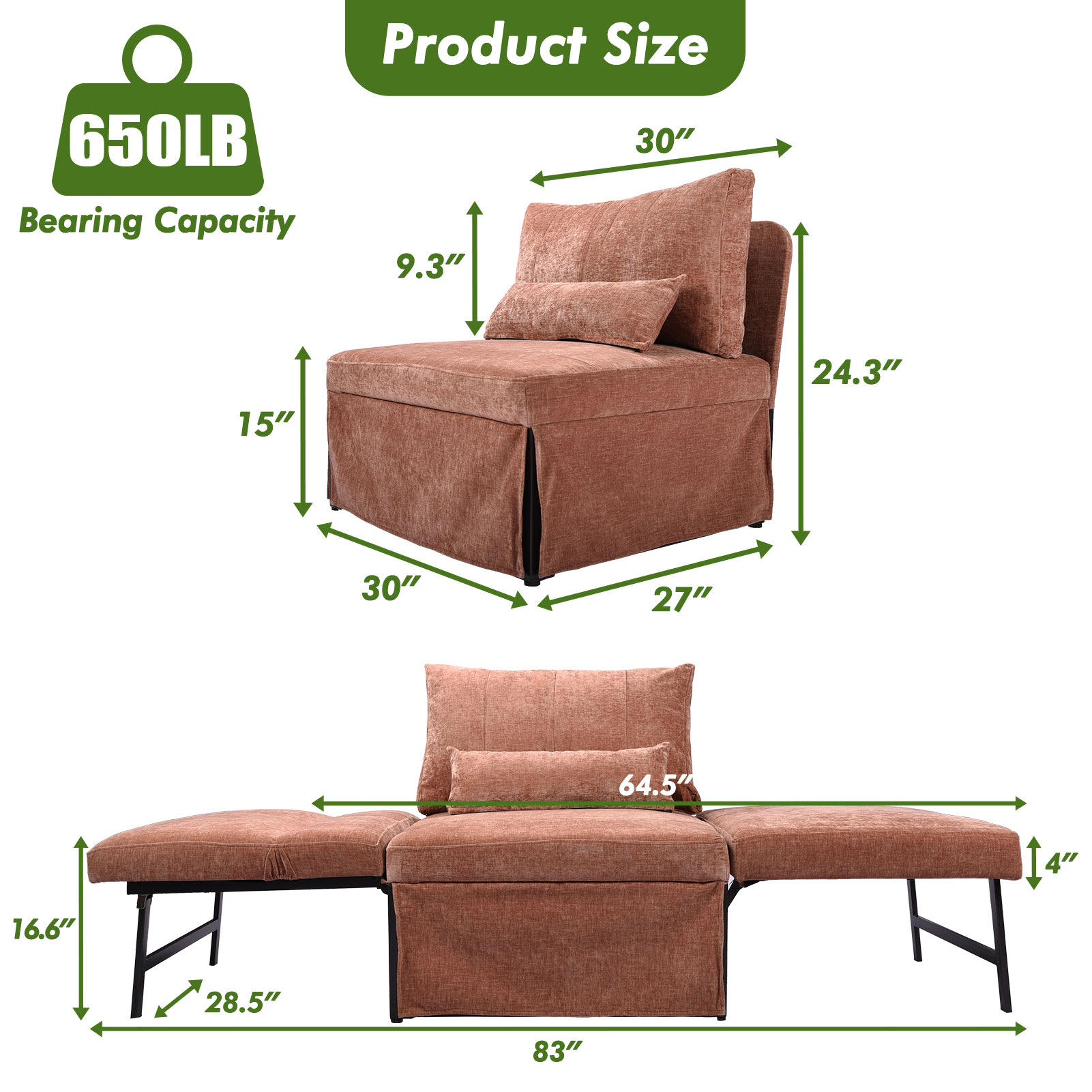 zzw 5-in-1 Convertible Sleeper Sofa Chair, Adjustable Linen Folding Ottoman Bed, Assembly-Free for Apartment Living Room