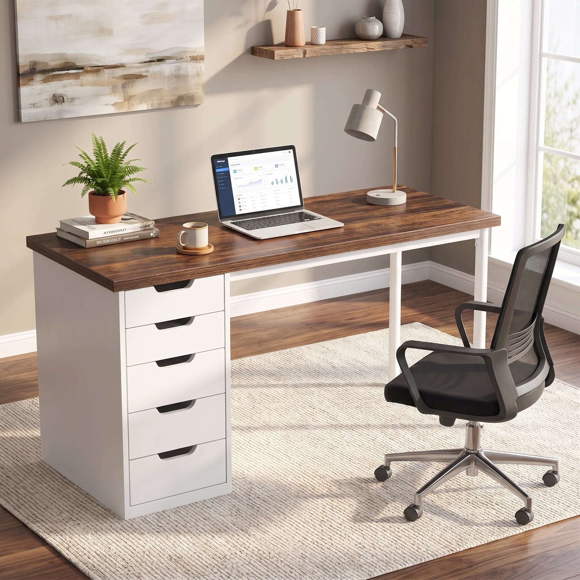 Fnova 47.24" Computer Desk with 5 Drawers, Reversible File Cabinet, Writing Workstation for Home Office Bedroom Study Makeup Vanity Desk Furniture