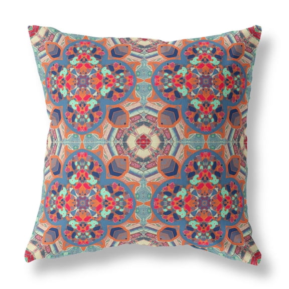 Clover Leaf Floral Indoor/Outdoor Fabric Pillow with Zip -Orange Blue Aqua 18x18