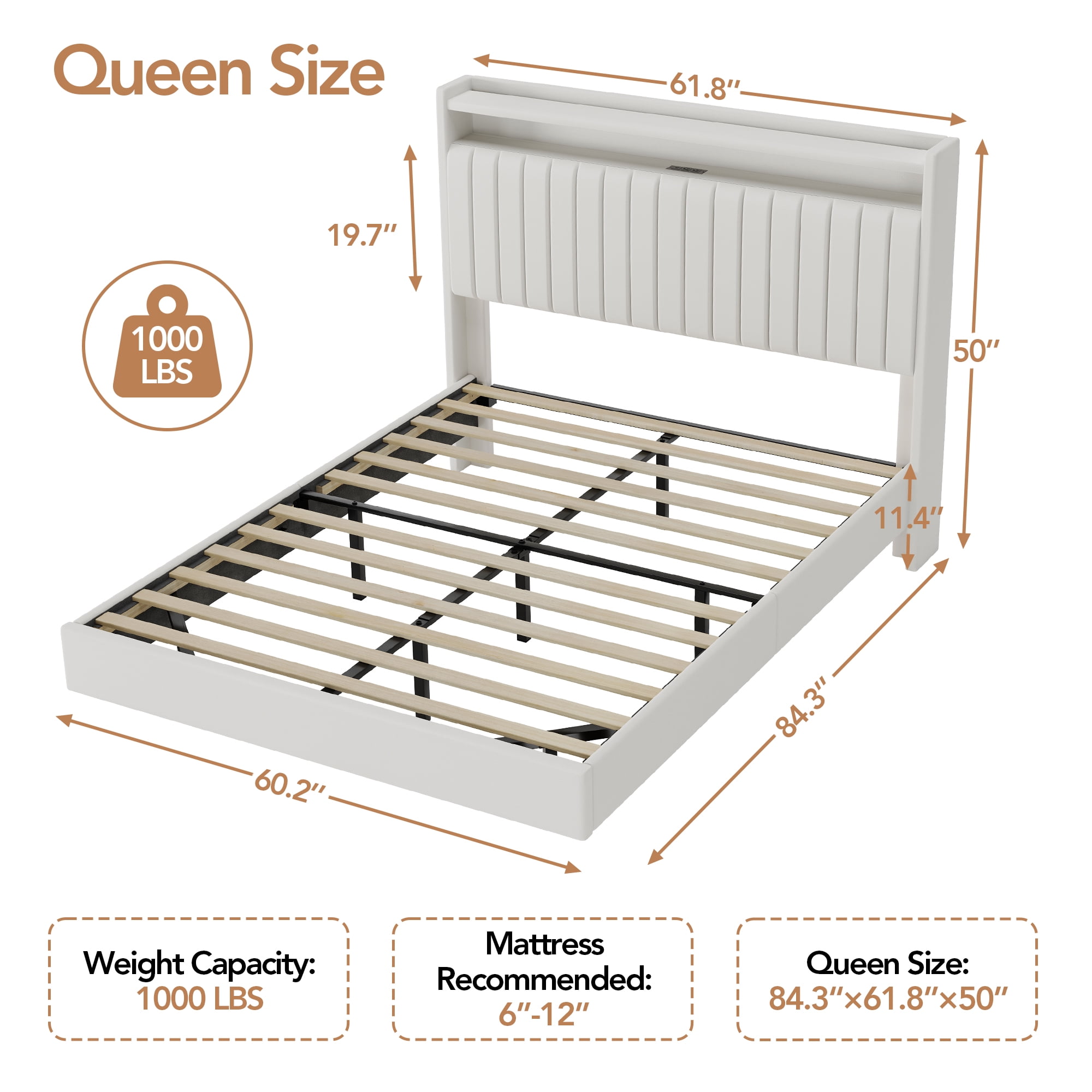 Amkui Queen Bed Frame with Upholstered Headboard, Metal Platform Bed with USB Charging Station & Storage, Floating Bed Frame with Romantic LED Lights, Easy Assembly, No Box Spring Needed
