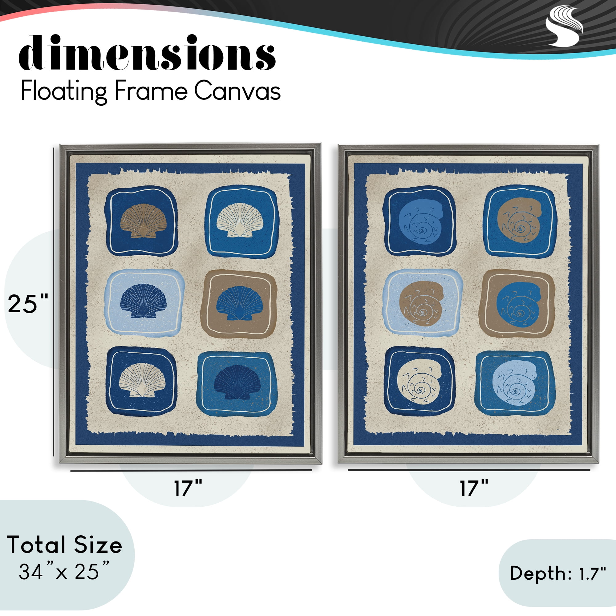 Stupell Industries Blue Blocked Seashells 2 Piece Gray Framed Floater Canvas Set, design by Julia Frost