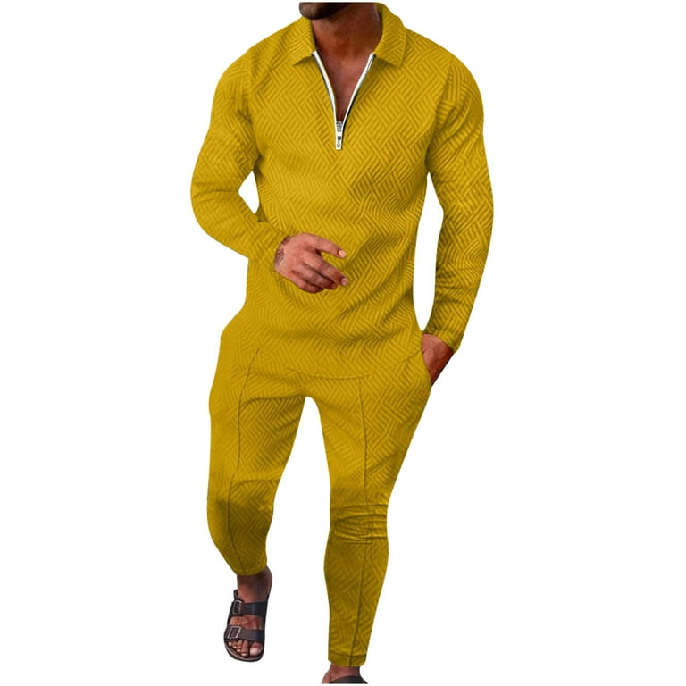 Hfyihgf Men s Polo Track Suit Sets Long Sleeve Mens Outfits 2 Piece Fashion Sweatsuit Comfy Casual Set for Men Yellow L