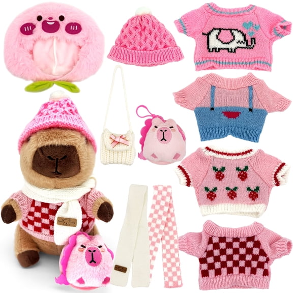 11Pcs Pink Capybara Plush Toy Full Outfit Set, 25cm Stuffed Capybara Doll with Knit Sweaters, Hat, Scarf, Peach Hood & Accessories, Dress Up Gift for Kids