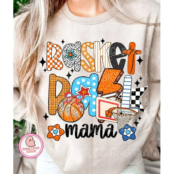Checkered Basketball Mama Sweatshirt, Retro Game Day Pullover, Brushstroke Basketball Bow Doodle Sweater for Moms