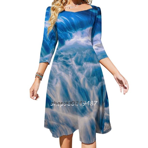 Vestido acampanado de Sarah's Flow Vestido de cuello cuadrado Vestido estampado de moda femenina elegante Agua Vida Río Rápidos Naturaleza Exposición prolongada