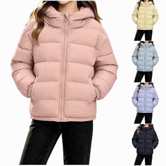 Teylalorva Outerwear Jackets for Girls Hooded Zip Up Puffer Jacket with Pockets Long Sleeve Casual Warm Coat(3-15) Pink Size 3T