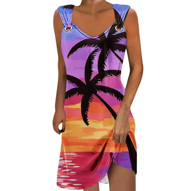 Pisexur Robes d'Été pour Femmes Décontractées Hawaïennes à Fleurs Robe de Plage Col Rond Sans Manches Mode Bohème Robe de Plage à Fleurs Robe d'Été Robe Trapèze P-2TG