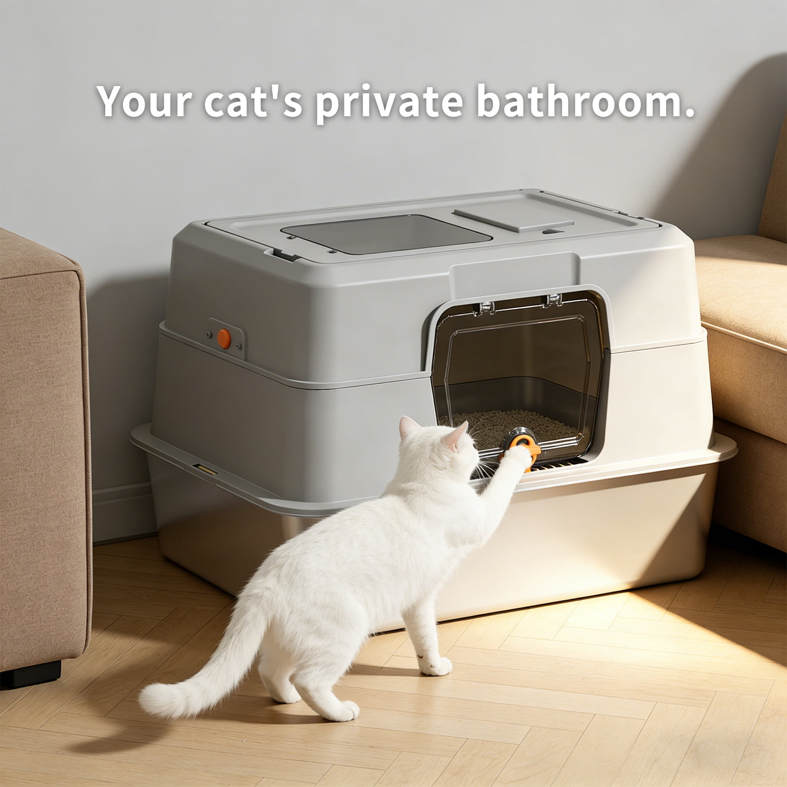 Hooded Cat Litter Box with Stainless Steel Base, Enclosed Litter Pan, Anti-Splash Odor Control, Front & Top Dual Entry, Pet-Safe Construction for All Cat Sizes