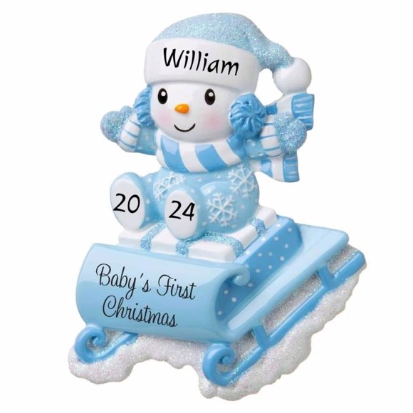 Ornement Personnalisé 2024 Bébé Garçon Neige sur Traîneau Premier Sapin de Noël Bleu Décoration Scintillante Cadeau - Personnalisation Gratuite