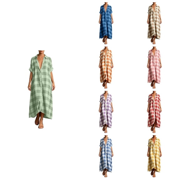 2026 Women's Cotton Linen Maxi Shirt Dress Short Sleeve Button Down Casual Loose Summer Gingham Beach Cover Up