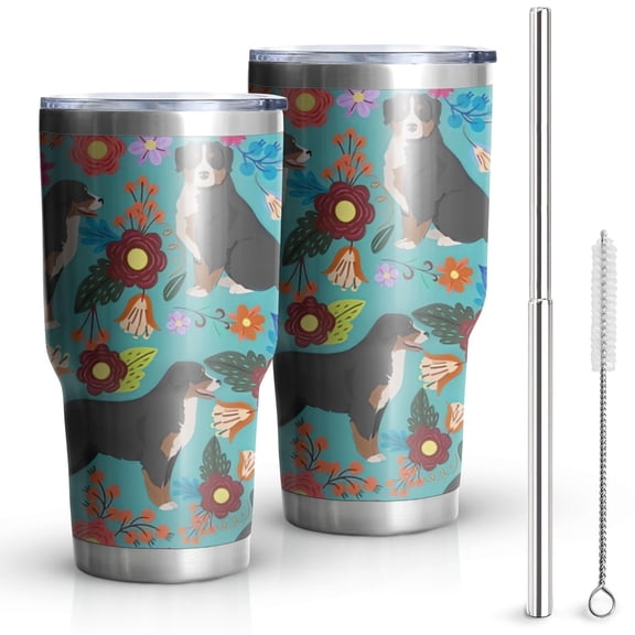 30oz Bernese Mountain and Flower Tumblers Stainless Steel Tumbler with Lid and Straw,Vacuum Insulated Double Wall Travel Tumbler Cups Mug with Cleaning Brush for Coffee,Tea