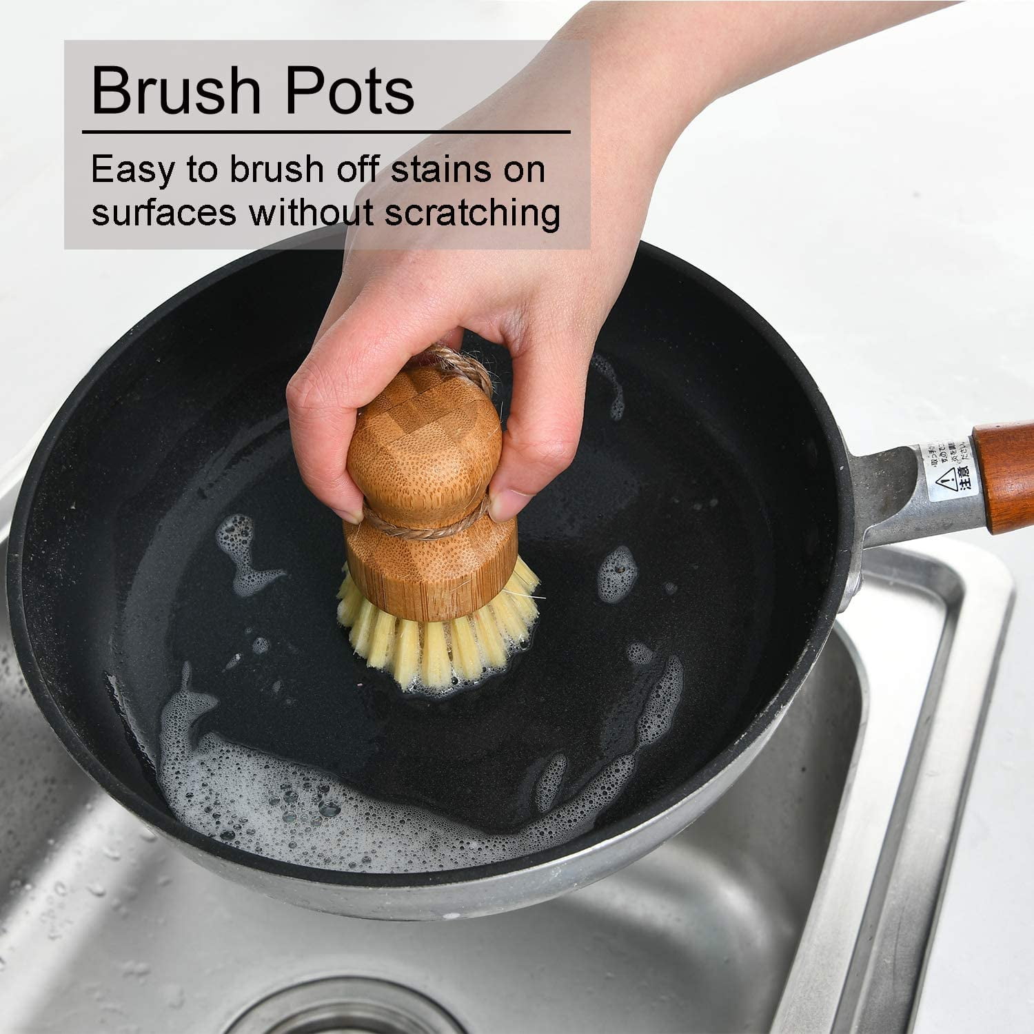 SUBEKYU Dish Brush with Handle, Natural Bamboo Dish Scrubber Brush