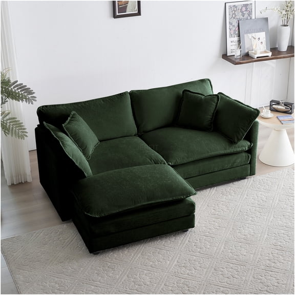JERFIT Modern L-Shaped Loveseat Sofa with Ottoman, Chenille Fabric Small Sectional Couch for Living Room, Apartment, Green