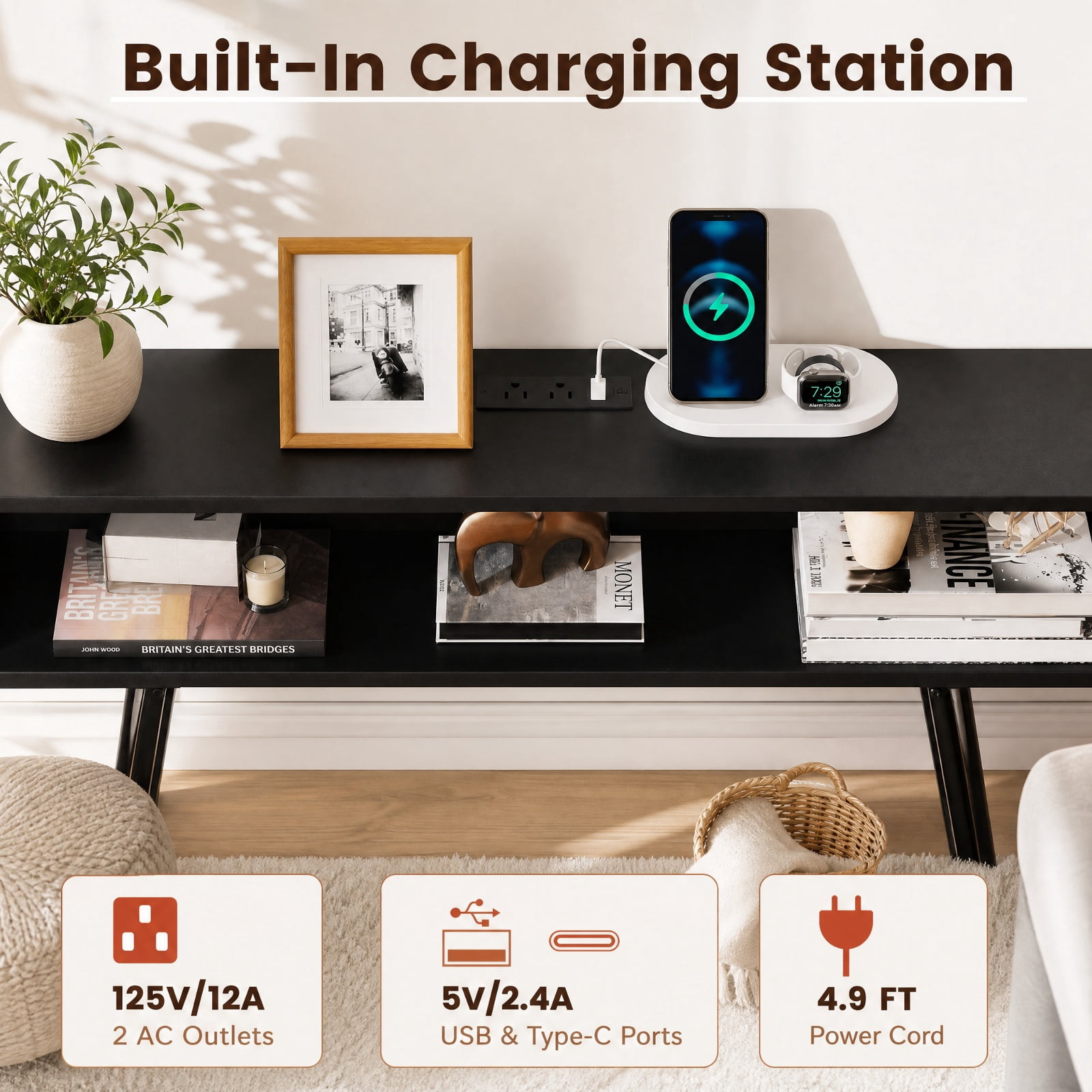 Furnibear 40 Inch Console Table with Charging Station USB Type-C AC Outlets and RGB LED Lights for Entryway Living Room and Behind Sofa, Black
