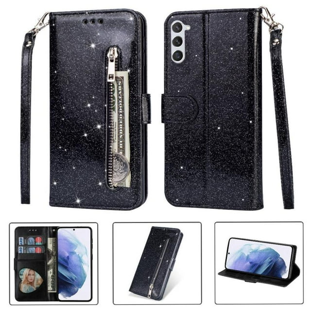 Case for FOXDOCK Samsung Galaxy S23 Plus Glitter Zipper Wallet Case with Short Hand Strap