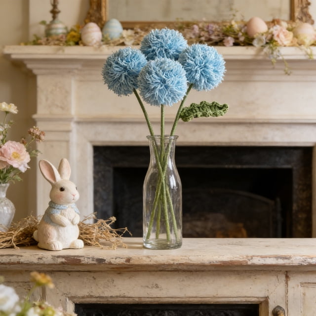 Ramo de flores de hilo hecho a mano – Arreglo floral artificial de crisantemos con pompones tejidos para decoración del hogar, centro de mesa, regalo de primavera