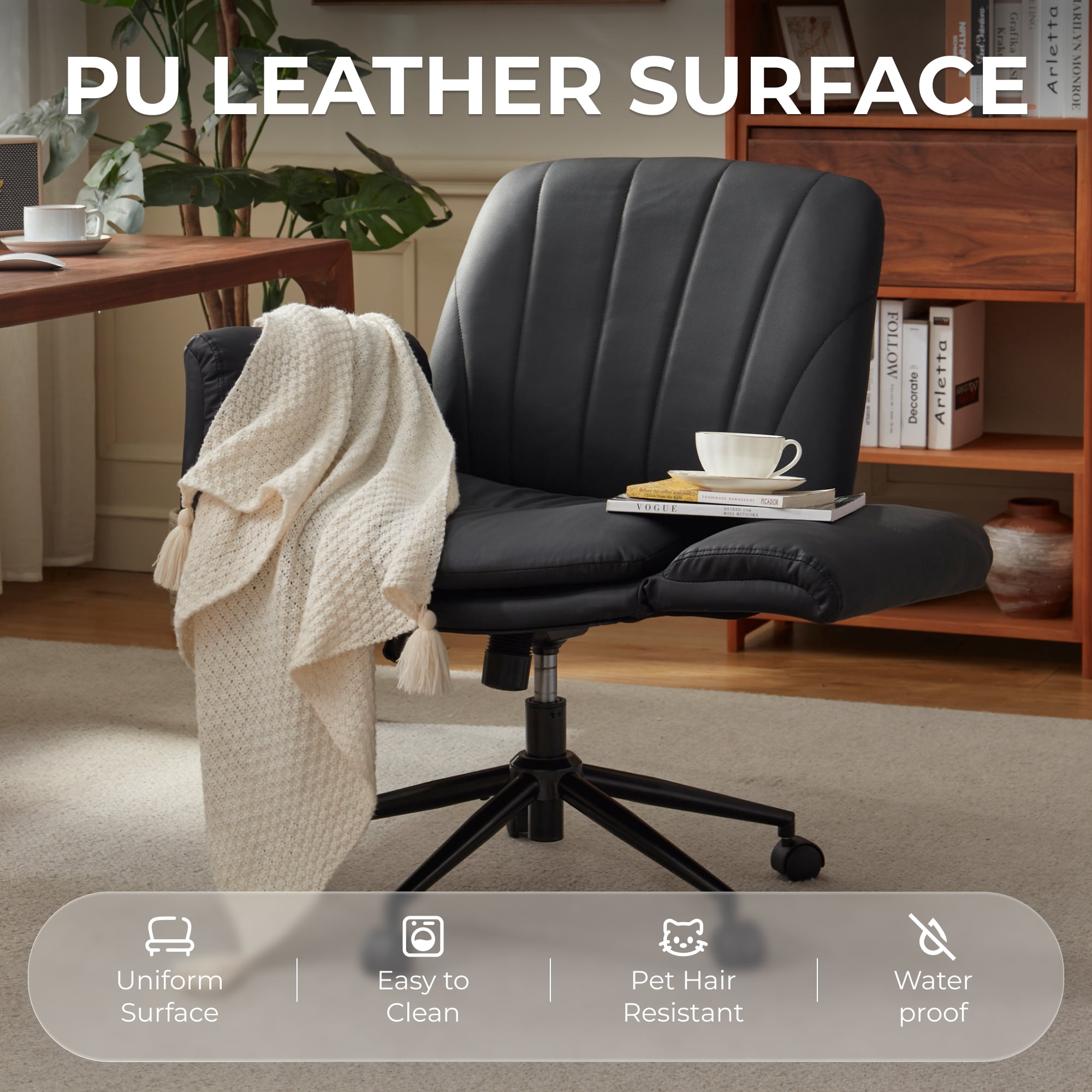 GOOSEA Adult PU Leather Criss Cross Indoor Makeup and Gaming Swivel and Adjustable Arms Office Chairs, Black