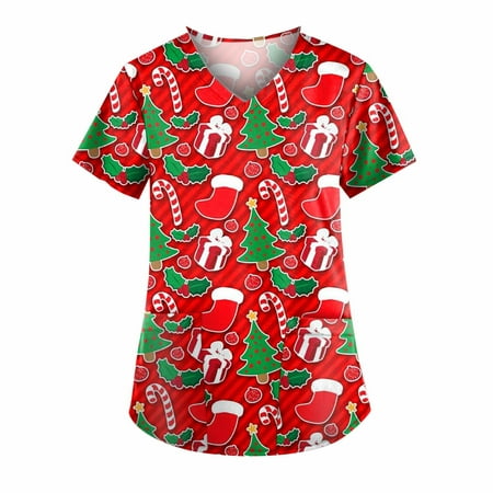 

Christmas Scrubs Tops Womens Xmas Elements Print Short Sleeve V-neck Working Uniform Comfy Tops with Pockets