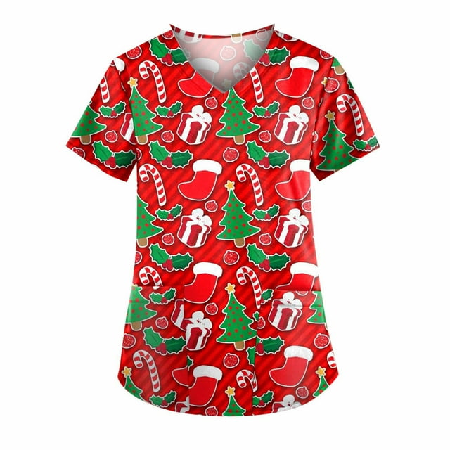 EGNMCR Hauts de Soins Infirmiers pour Femmes, Uniforme de Travail Imprimé de Noël, Manches Courtes, Col en V, Blouse de Travail avec Poches, Costumes de Noël