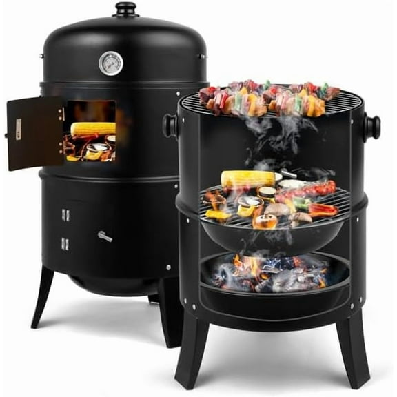 3 in 1 16" Vertical Round Charcoal Grill Iron Spray Smoked Carbon Grill with Top Hook Design of Double Grill Area, Thermometer, Adjustable Exhaust. Charcoal Grill, Black (80 * 41 * 48) cm