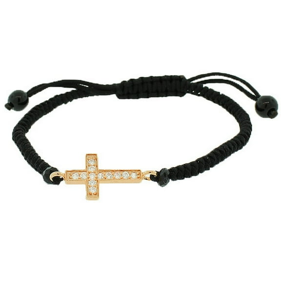 925 Sterling Silver Rose Gold-Tone Black Cord Religious Cross Adjustable Bracelet