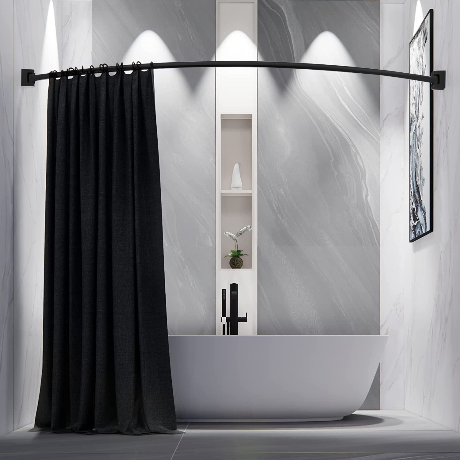 Curved Shower Curtain Rod, Adjustable Arched Shower Curtain Rod, Stainless Steel SUS304 Rustproof Expandable Shower Cartain Rod for Bathtub. Black Color