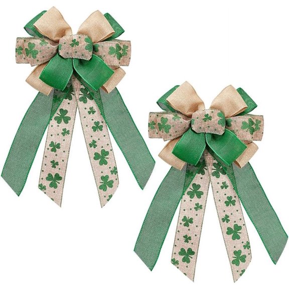 2Pcs Saint Patrick's Wreath Bows Green Shamrock Bows Irish Holiday Ribbon Tree Topper Bows for Party Door Wall Decoration Saint Patrick's Supplies Ornament