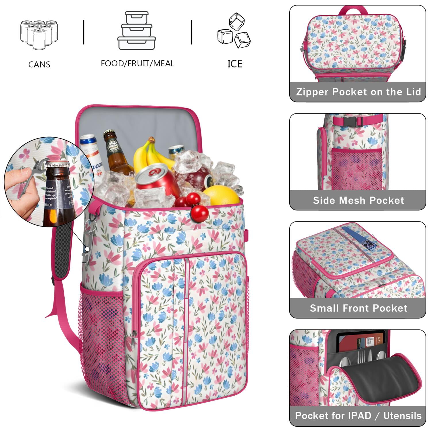Travel Cooler Bag - Pioneer Flower Floral Print Pattern Camping Beer Cooler Backpack with Bottle Opener- Waterproof Insulated Picnic Backpacks - Cooler Bag for Beach